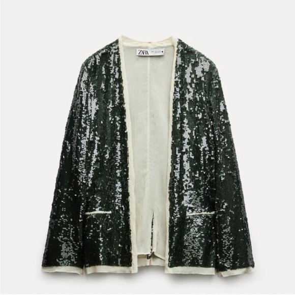 ZARA NEW WOMAN ZW COLLECTION SEQUIN BLAZER GREEN SIZE XS 3736/319 - Picture 8 of 15